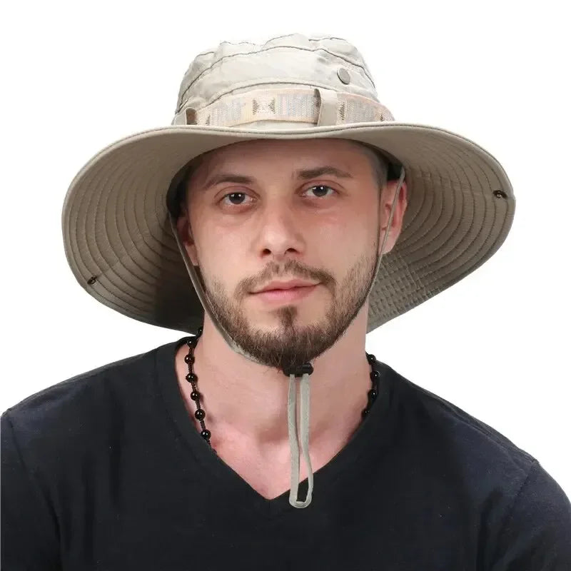 Summer Men Bucket Hat Outdoor UV Protection Wide Brim Panama Safari Hunting Hiking Hat Mesh Fisherman Hat Beach Sunscreen Cap