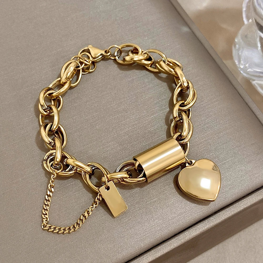 DZ Fashion Design Gold Color Thick Chain Stainless Steel Bracelets for Women Heart Love Pendant Wrist Jewelry